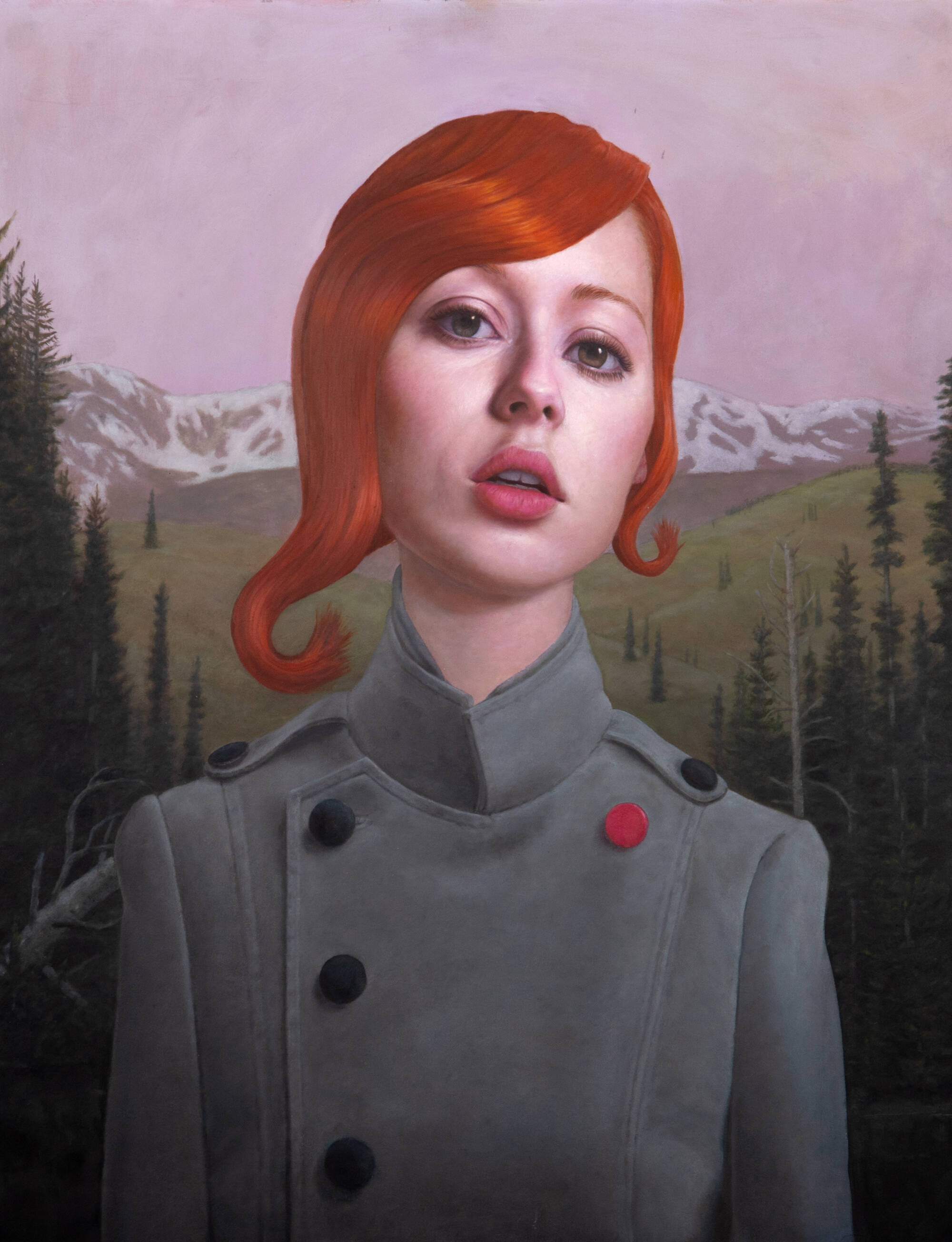 Portrait painting of a woman with red hair in a grey uniform with mountains and trees behind them.